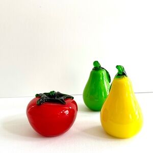 Set of 3 Hand Blown Glass Fruit Murano Style Glass Fruit Tomato, Lemon, & Lime